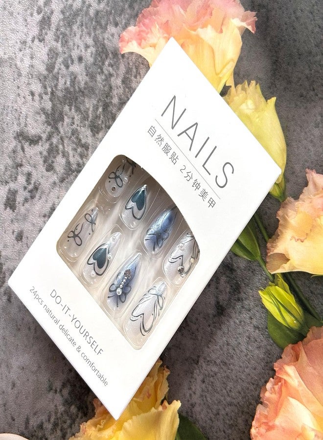 CJDLTS Pearl 3D Press on Nails Almond Medium Length Bow Love Heart Pattern Design Blue Smudge False Nail Full Cover Artificial Stick on Nails Stars Acrylic Fingernails DIY Glue on Nails for Women 24Pcs - Image 5